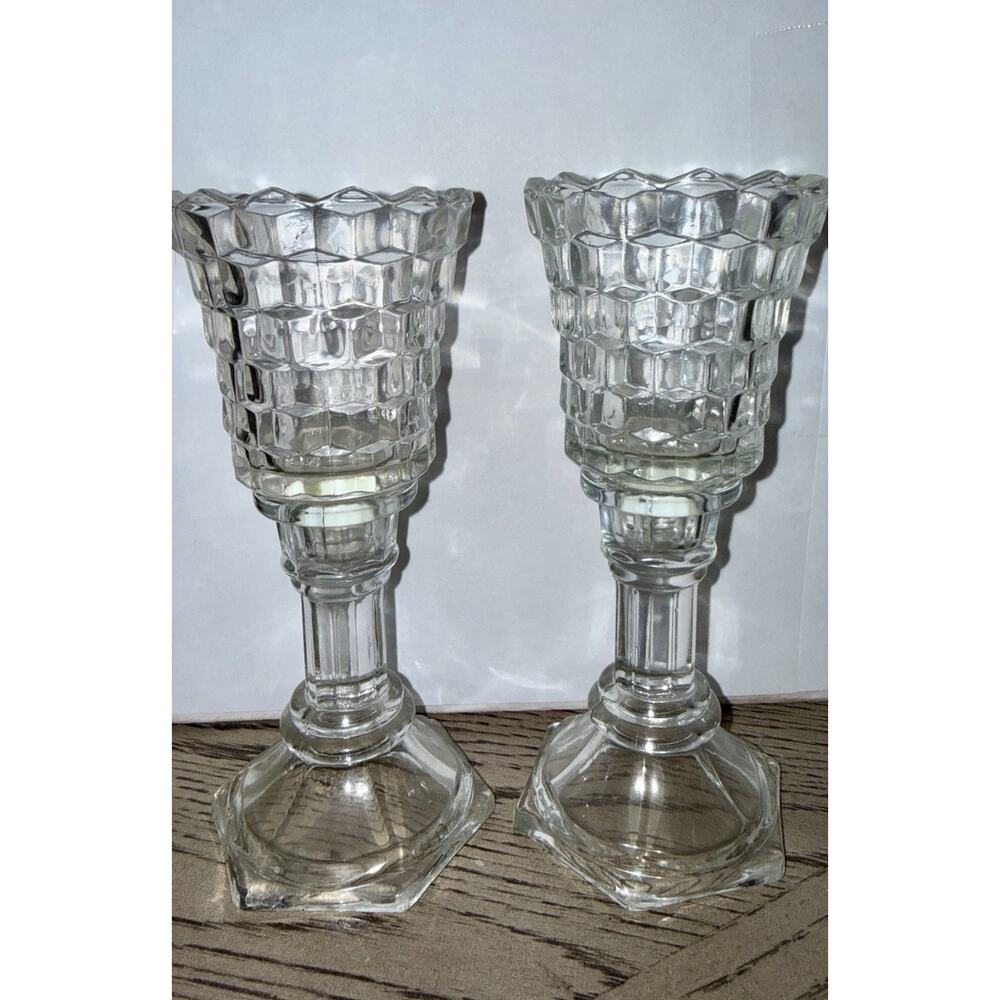 Vintage Home Interiors Lady Love Crystal Glass Candle Holders Cubist 7” Tall